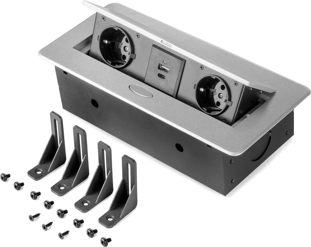 ciabatta lite Atomo tavolo 2 prese + 1 USB UE 1 USB A + C 265x120mm grigio metallico Emuca