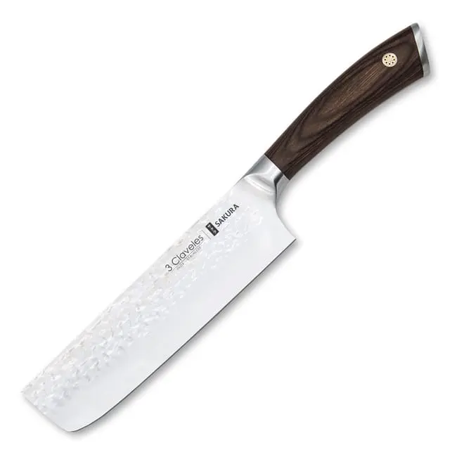 Cuchillo Usuba Sakura 17cm acero inoxidable mango madera de Pakka forjado martillado 3 Claveles
